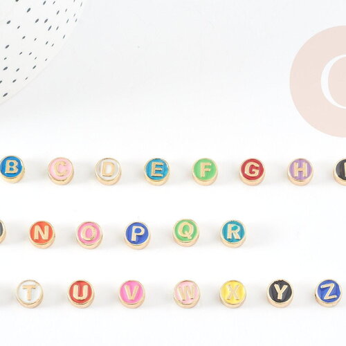 Perle ronde zamac doré initiale émail multicolore 8mm, x1 (g4296)