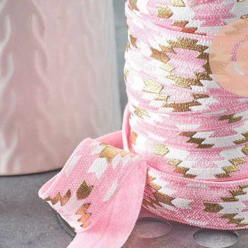 Ruban élastique motif aztèque rose or efjf 16mm, x1 m (g8237)