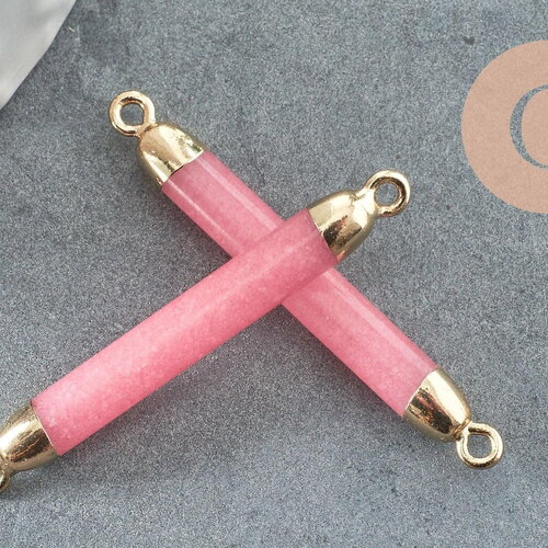 Pendentif connecteur tube jade naturel rose fer doré 45mm,création bijoux pierre naturelle, x1 g3990