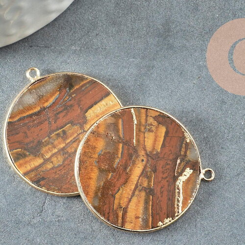 Pendentif rond oeil de tigre naturel laiton doré 32mm, x1 (g3082)