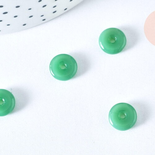 Perle donut verre imitation jade vert foncé 10mm, fournitures pour création de bijoux diy, x2 g6999
