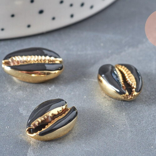 Pendentif coquillage cauri naturel doré resine noire 19mm, x5 (g0892)