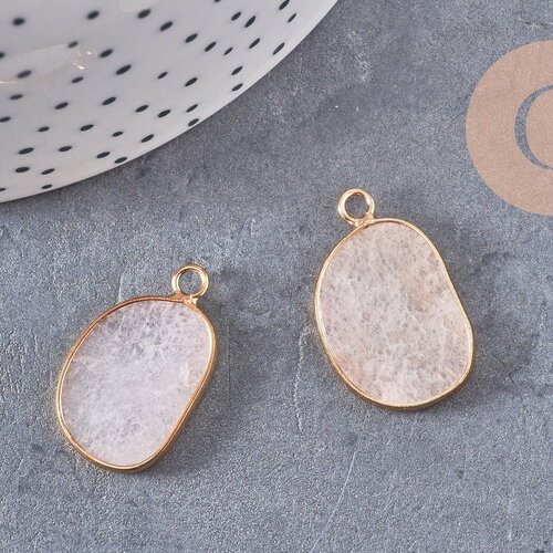 Pendentif oval jade naturel rose laiton doré 25mm, x1 (g4648)