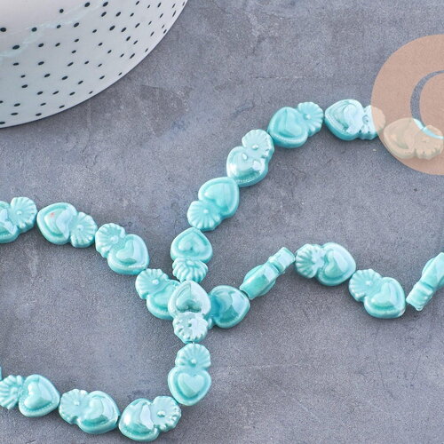 Perle porcelaine turquoise coeur irisé, perle céramique bleu, 16mm, x20 (g3973)