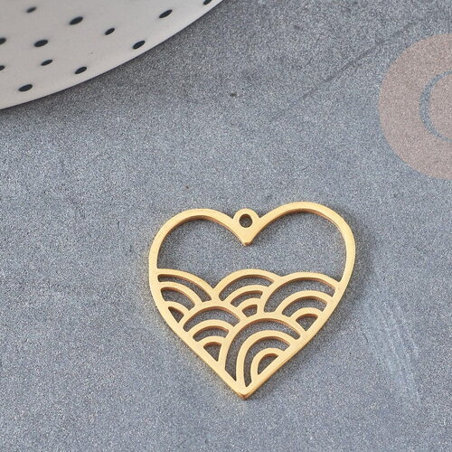 Pendentif coeur vagues acier 201 inoxydable doré 22.5mm, x1 (g6275)