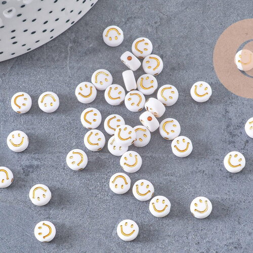 Perle ronde smiley doré plastique blanc 7mm, x10 grammes (g4801)