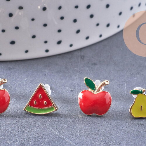 Boucles puces laiton doré email fruit, x4 (g10579)