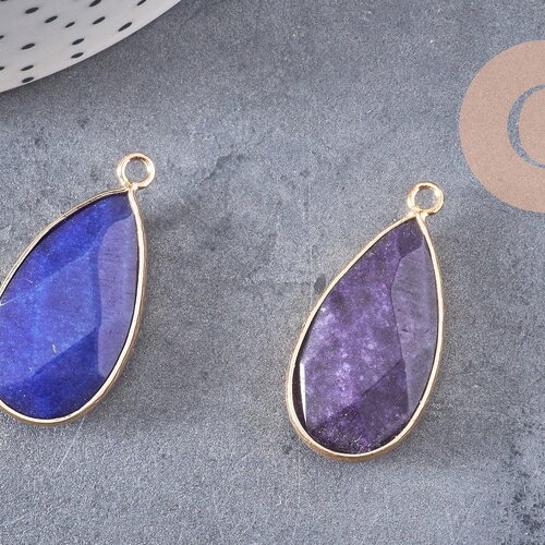 Pendentif goutte jade violet clair ou foncé doré, pendentif jade, pendentif pierre,jade naturel, jade teinté bleu,33mm, x1 g0963