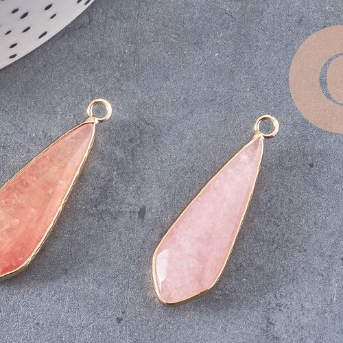 Pendentif goutte jade rose facettes doré 31mm, x1 (g1774)