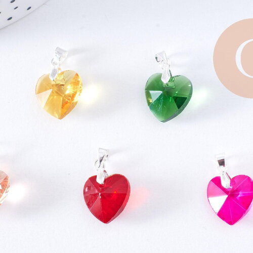 Pendentif coeur cristal coloré facetté fer argenté 19.5mm, x1 (g10656)