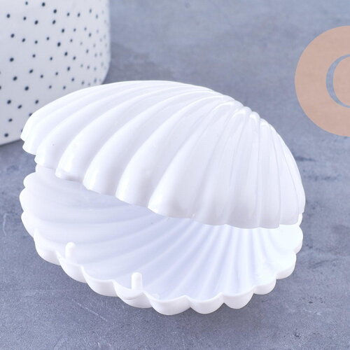 Boite bijou coquillage plastique blanc 9x7.5cm, x1 (g6629)