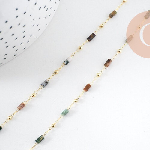 Chaine perle agate mousse naturelle laiton doré 18k 7x2mm, x1 mètre (g5444)