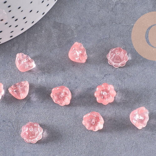 Perles fleur verre rose corail 11mm, perles verre tchèque, perles fleur, verre violet, x10 (g4584)