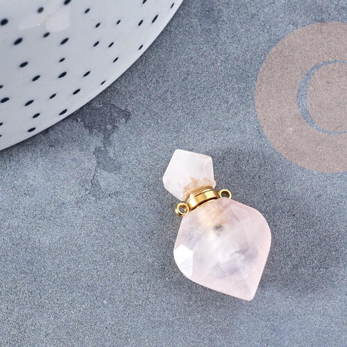 Pendentif bouteille parfum quartz rose naturel laiton 27mm, x1 (g8633)