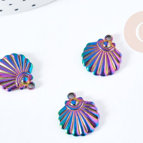 Pendentif coquillage acier 201 irisé multicolore inoxydable ip 18mm, x1 (g8616)