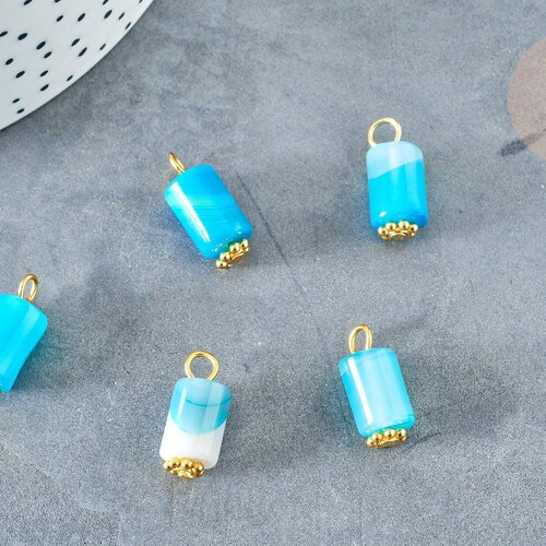 Pendentif connecteur agate naturelle bleue colonne fer doré 17.5mm, pierre naturelle, x1 (g8235)
