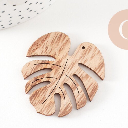 Pendentif feuille monstera bois naturel 49mm, création bijoux bois, x1 (g2452)