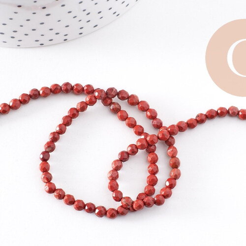 Perle ronde jaspe rouge naturel facetté 4mm, x1 fil de 37cm (g1173)
