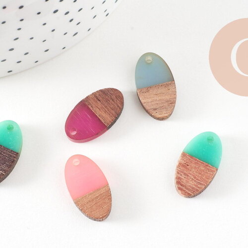 Pendentif ovale bois résine 20mm, bois naturel, perles bois, perles géométriques,perle ovale,perle ronde bois création bijoux bois, x5 g1465
