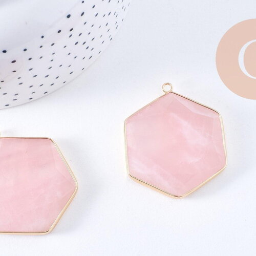Pendentif hexagone quartz rose naturel laiton doré 45mm, x1 (g2718)