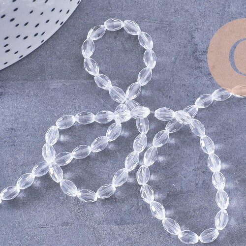 Perle ovale verre facetté transparent 6x4mm, x1 fil de 38cm (g10584)