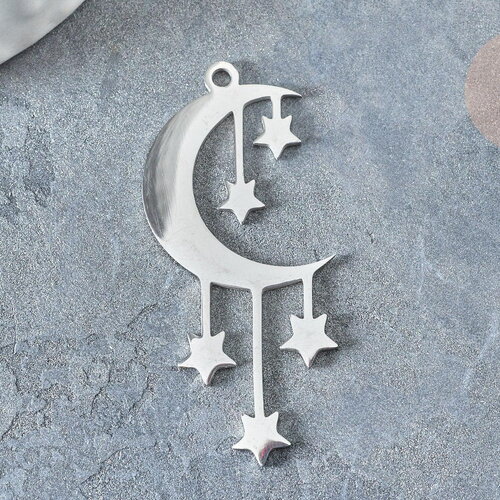 Pendentif lune et étoiles platine acier 304 inoxydable platine 41.5mm, x1 (g7664)