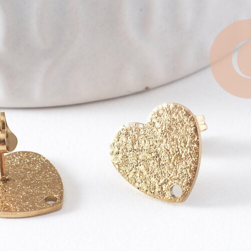 Clous-puces oreille coeur acier 304 inoxydable dore ip sablé 1 trou 13mm, la paire (g10371)