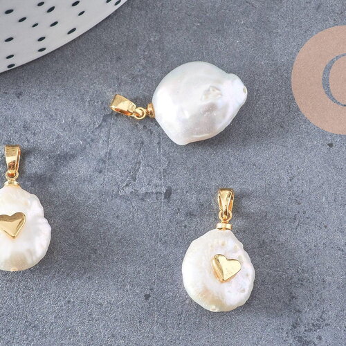 Pendentif perle naturelle keshi coeur dorée,porte bonheur,perle eau douce,création bijou,perle naturelle blanche,17-27mm, x1 (g3091)