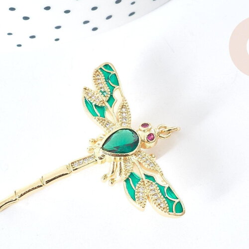 Pendentif libellule insecte ailé laiton doré zircons 42mm, x1 (g8072)