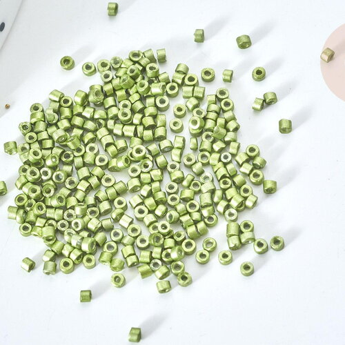 Perles tube verre vert métallisé mat, x1 sachet 8g (g7773)