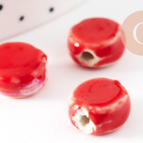 Perle disque porcelaine rouge-blanc 10-11mm, perle céramique artisanale, x5 (g9346)