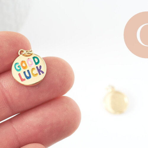 Pendentif rond good luck laiton doré 18k multicolore 16mm,x1 (g9934)