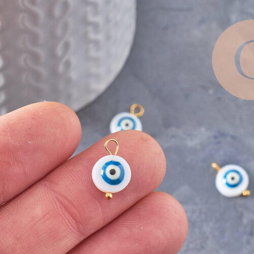 Breloque ronde nacre naturelle blanche mauvais oeil zamac doré 14mm, x2 (g9922)