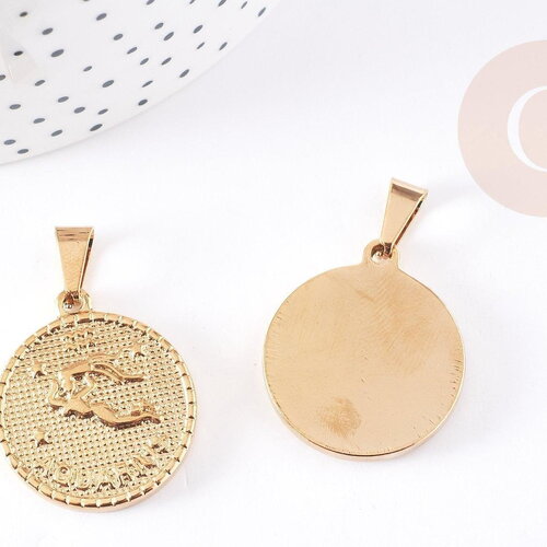 Pendentif médaille ronde verseau acier 304 inoxydable doré à graver, x1 (g1721)