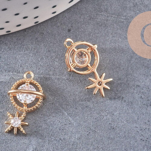 Pendentif planète étoile laiton doré 18k zircon 21mm, pendentif en cristal création bijoux porte bonheur femme en zircon, x1 (g5994)