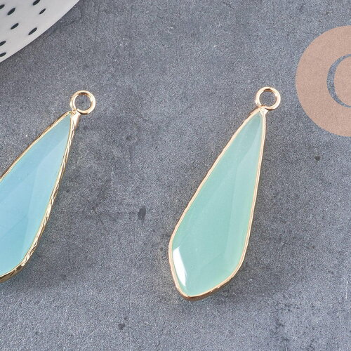 Pendentif goutte jade naturel vert turquoise doré 36mm, x1 (g2724)