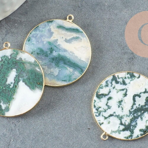 Pendentif rond agate verte mousse naturel laiton doré 32mm, x1 (g2988)