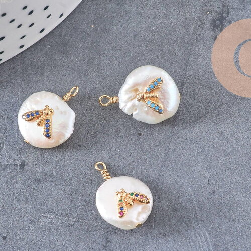 Pendentif perle eau douce naturelle keshi abeille zircon 17-26mm, x1 (g4624)