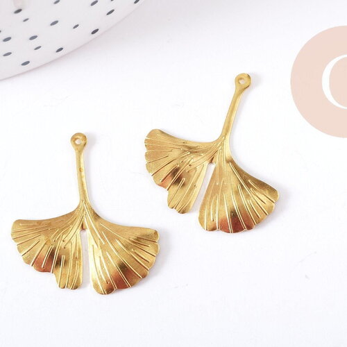Pendentif feuille de gingko laiton brut 29mm, fourniture pour création bijoux x2 (g9228)