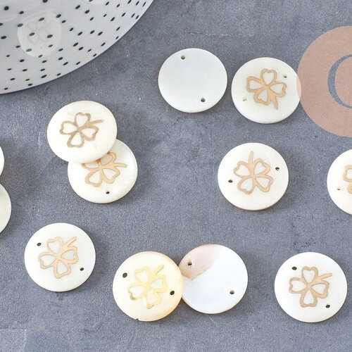 Pendentif rond nacre trèfle quatre feuilles 16mm, pendentif trèfle,coquillage blanc, coquillage naturel, x5 (g0915)