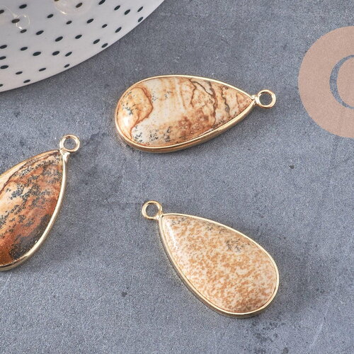 Pendentif goutte jaspe paysage naturel laiton doré 33mm, x1 (g5164)