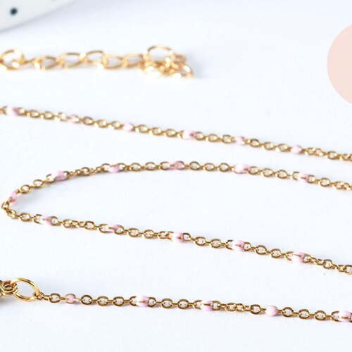 Collier chaine laiton doré 18k fantaisie résine rose,chaine fantaisie dore,chaine complète,2mm,40cm, x1 g3488