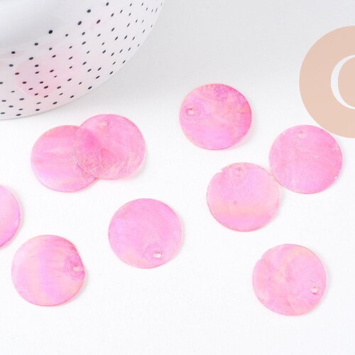 Pendentif rond nacre rose irisé 25mm, pendentif coquillage naturel rose , x10 (g3976)