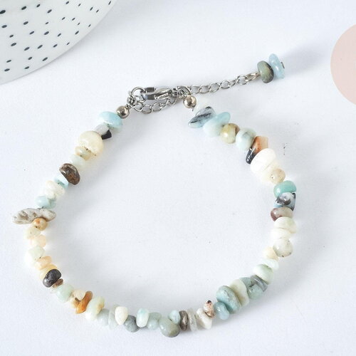Bracelet de cheville perles amazonite naturelle laiton et acier inoxydable platine 21.5cm, x1 (g7792)