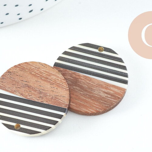 Pendentif disque en bois de noyer résine rayée noir &amp; blanc 28.5mm,x2 (g3784)