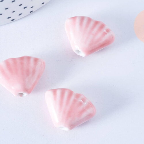 Perle porcelaine rose coquillage, perle céramique géométrique fabrication bijoux en céramique rose, 22.5-23.5mm, x10 (g3429)
