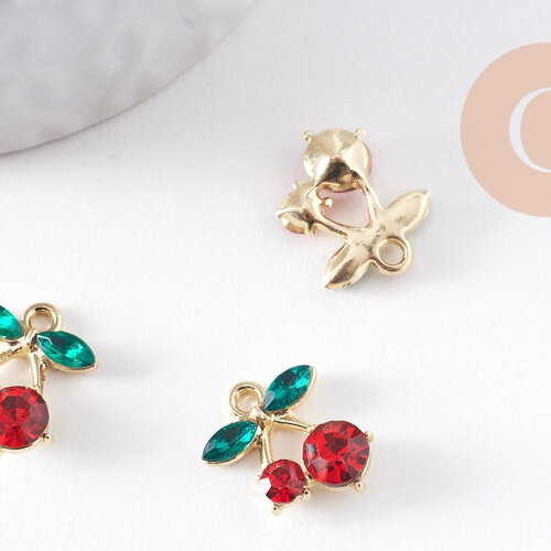 Breloque cerise zircons et zamac doré 16k, x2 (g10391)