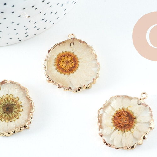 Pendentif résine fleur séchée 33mm, pendentif paquerette blanche et or, création de bijoux originaux, x1 (g5579)