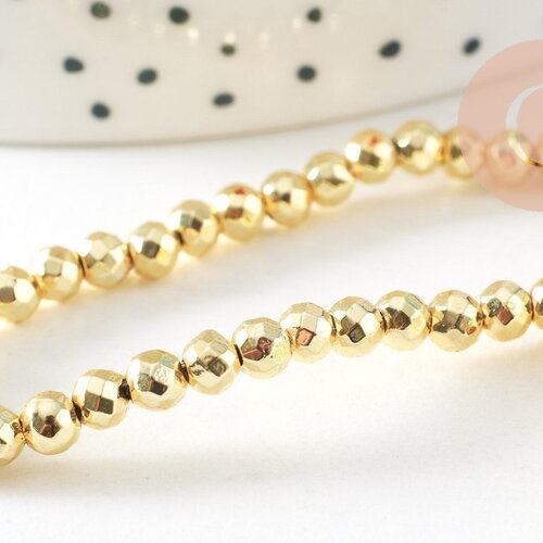 Perle ronde facette hématite dorée 4mm, perle hématite synthétique pierre, fil de 39cm, x1 (g6217)