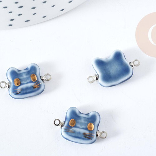 Pendentif connecteur tête de chat porcelaine bleu doré laiton platine 20mm, pendentif pour fabrication bijoux, x1 (g8496)
